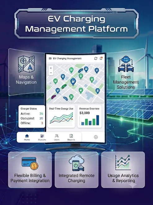 EV charging management platform dashboard showing station monitoring and session analytics